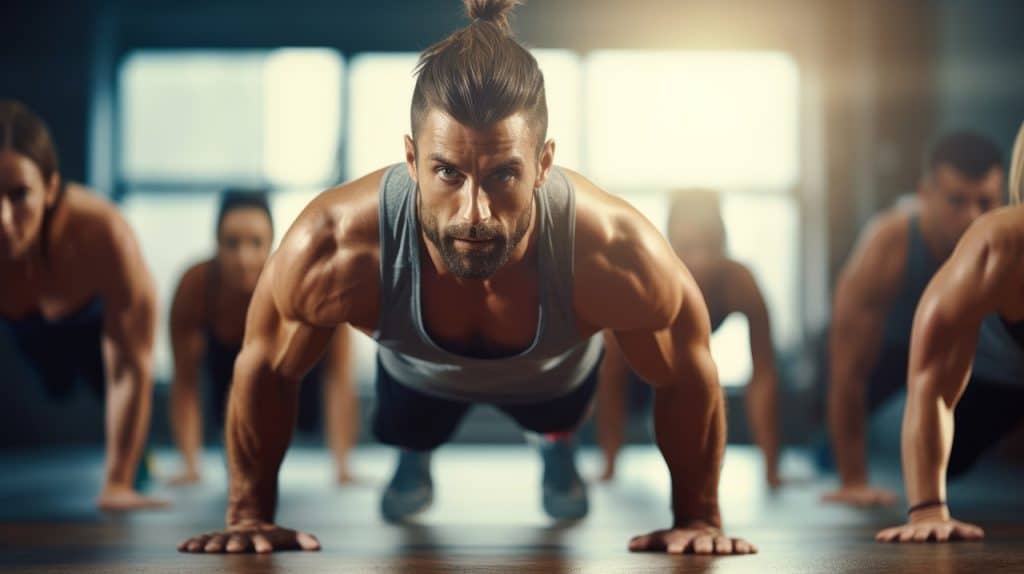 a man doing push ups during a workout class part of a trending diet and exercise regimen